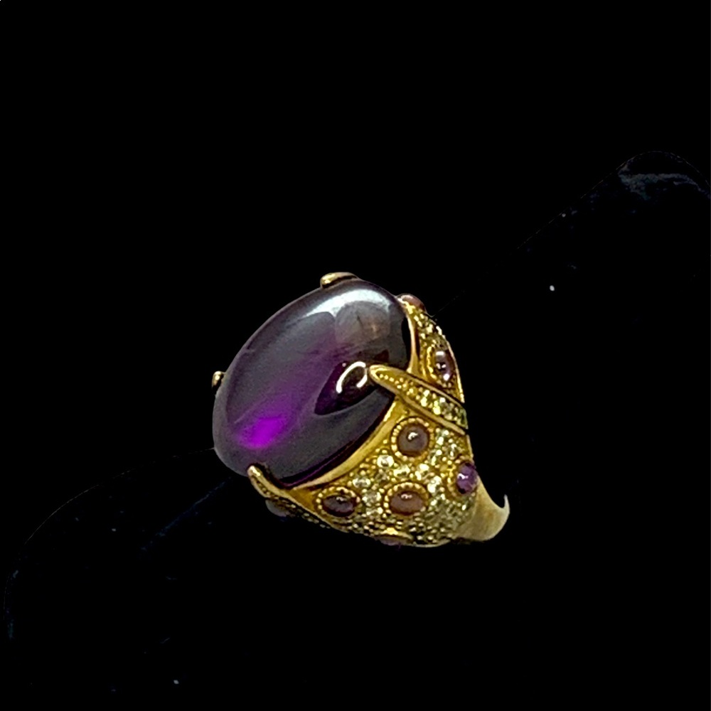 Gold Tone Large Amethyst Cabochon,  Crystals Ring